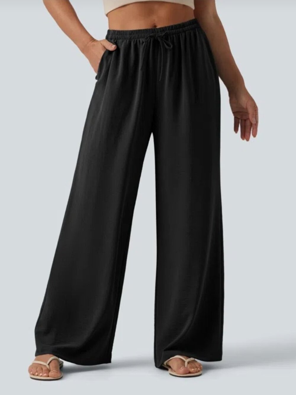 Halara Mid Rise Drawstring Wide Leg Baggy Linen-Feel Pants - Black -Size S ( R )